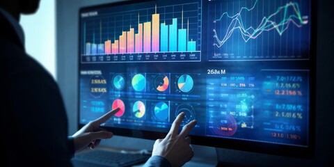Data analyst working on business analytics dashboard with charts, metrics and KPI to analyze performance and create insight reports for operations management on virtual, Generative AI