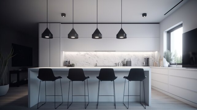 Modern kitchen in a minimalistic scandi style, white smooth finish, long bar with bar stools, spectacular LED lighting. Generative AI