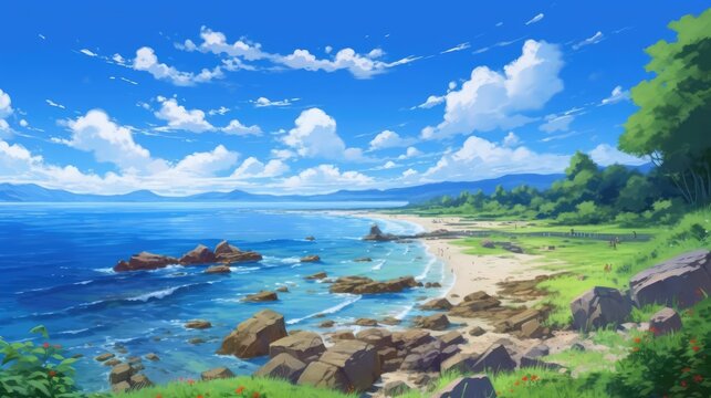 Beautiful Sea Nature With Anime Style Landscape Illustration Generative AI