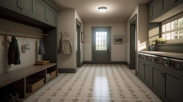 Spacious laundry room in a modern house, classic American interior, washer, dryer, shelves, hangers and cabinets. Generative AI