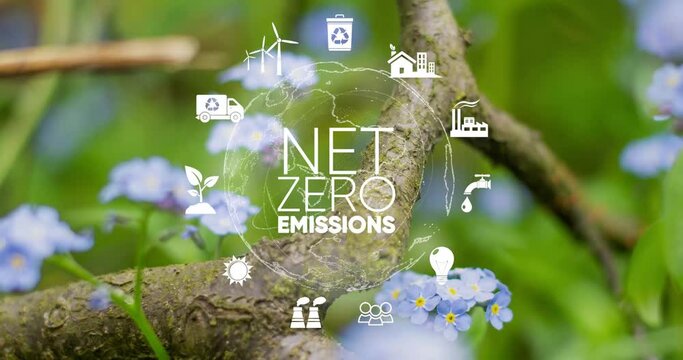 spinning globe in green nature background with icons Net zero emissions,environment of ESG, co2, company circular and clean zero. Technologies Environment, Organization Sustainable development of the 