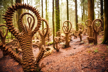 Fototapeta premium Strange plants in the forest, in an intricate spiral sculpture style, abstract, generative ai