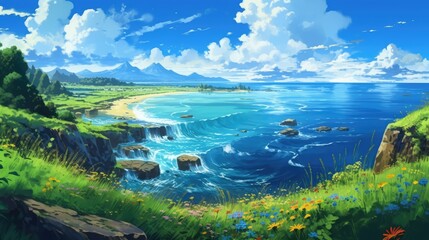 Fototapeta na wymiar Beautiful Sea Nature With Anime Style Landscape Illustration Generative AI
