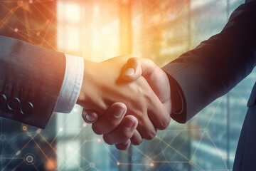 Business men Shaking hands closing or sealing a deal. Business meeting and partnership concept. Blurred background. Generative Ai