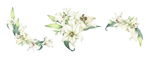 Set of White lily. Floral bouquet. Isolated on white background. Hand drawn clipart for wedding invitations, birthday stationery, greeting cards, scrapbooking. Watercolor illustration. - 608205635