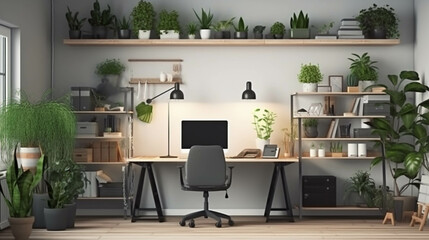 Modern workplace in room decorated with green potted plants. AI Generative