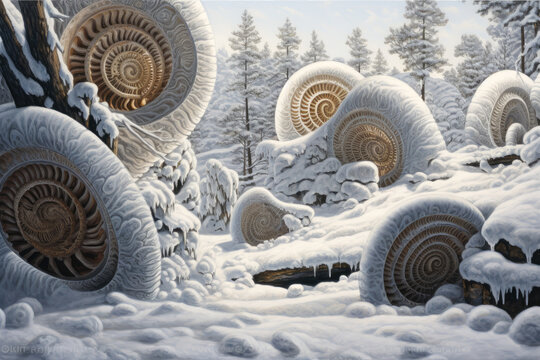 a snow landscape, in an intricate spiral sculpture style, abstract, generative ai