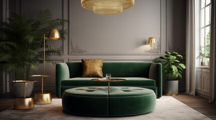 Luxury living room in house with modern interior design, green velvet sofa. AI Generative