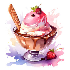 Strawberry ice cream with chocolate sauce. 