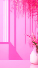 Fototapeta na wymiar Abstract gradient pink studio background for product presentation. Empty room with shadows of window and flowers and palm leaves . 3d room with copy space. Summer concert. Blurred backdrop.