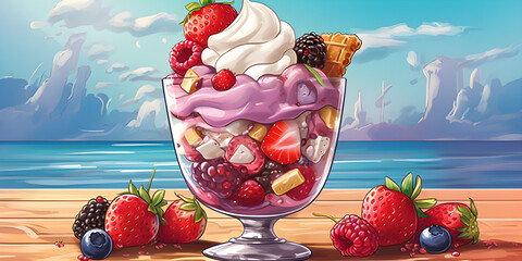 Mix fruits ice cream illustration.