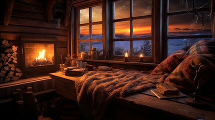fireplace in the cabine, cabin in the wood, romantic mood, ai generated