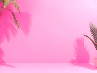 Fototapeta na wymiar Abstract gradient pink studio background for product presentation. Empty room with shadows of window and flowers and palm leaves . 3d room with copy space. Summer concert. Blurred backdrop.