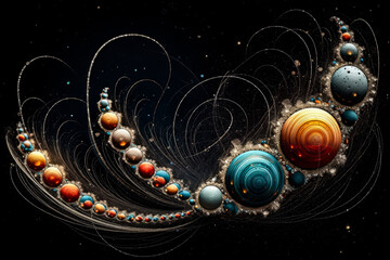 colorful planets and stars in the space, in an intricate spiral sculpture style, abstract, generative ai