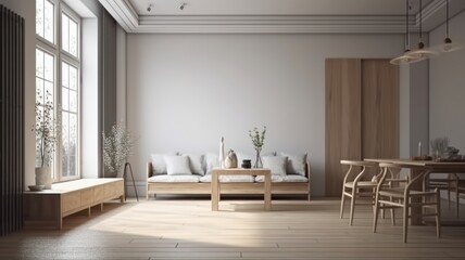 Spacious modern Scandinavian living room with dining area. Wooden furniture and flooring, light textiles, large panoramic windows. Light natural colors. Generative AI