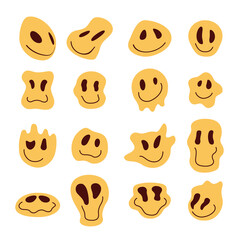 Distorted emoticons psychedelic yellow emoji dripping smile frown angry feelings set vector flat
