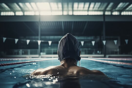 Man swim back pool. Generate Ai