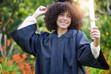 Graduation, achievement and woman student or graduate celebrate success on university or college...
