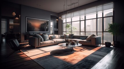 Fototapeta premium Elite apartment in a modern house with panoramic windows and a city view. Leather sofa and armchair, coffee table, wooden floor, paintings on the walls. Luxurious accommodation. Generative AI