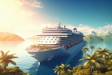 Luxury ocean cruise liner in the bay of a tropical paradise island, palm trees and mountains, emerald water. Premium vacation. Generative AI