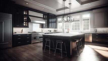 Modern classic American style kitchen with dark wood finishes, white stone countertops, large kitchen island with bar stools. Generative AI