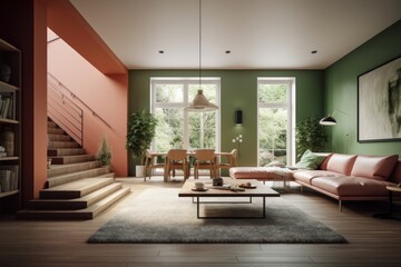 Fototapeta premium Modern living room with dining area and stairs to the second floor. Comfortable sofas, armchairs, a coffee table, posters on the walls, a vintage carpet on the parquet floor. Generative AI