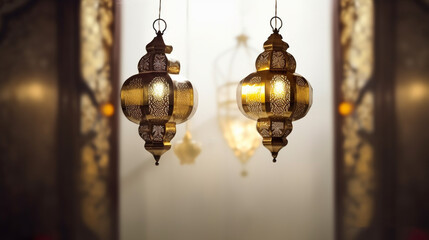 islamic background with moon lanterns and mosque for ramadan eid ul fitr and eid al adha eid milad muharram generative ai