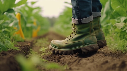 farmer walking walking in field green plants, Generative AI