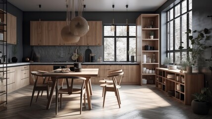 Modern kitchen and dining area japandi style. Natural wood floor, kitchen facades, dining table and chairs, wicker lampshades, plants. Large panoramic windows with garden view. Generative AI