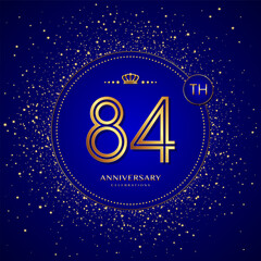 84th anniversary logo with gold numbers and glitter isolated on a blue background