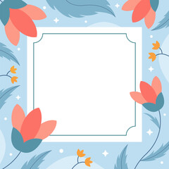 blue background with frame and flowers