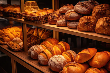 A bakery store with bread and pastries. Different kinds of bread, cakes and buns. Generative AI