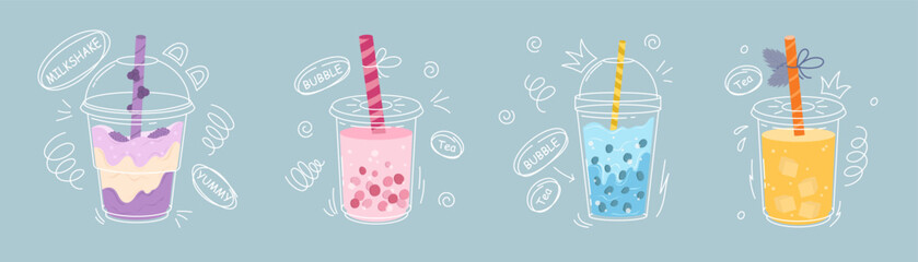 Set of four different Bubble tea. Milk tea with tapioca pearls. Boba tea. Asian Taiwanese drink. Hand drawn colored trendy vector illustration. Cartoon style. Flat design. All elements are isolated