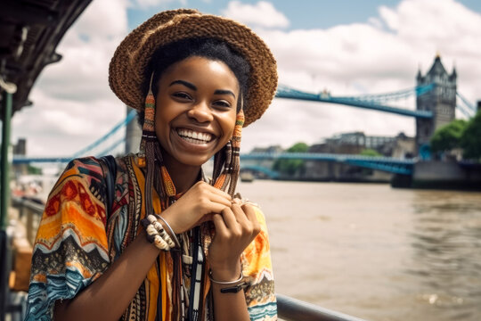 Young African Woman posing for a photo while touring London, with Tower Bridge in background. Generative AI