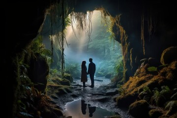 Couple in a mystical place with his back to the camera. Lovers photographed in contrajour in front of a cave entrance. Generative AI 1
 