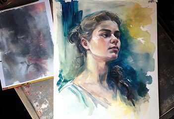 painting woman on desk miscellaneous messy messy desk portrait abstract Elegant Modern AI-generated illustration