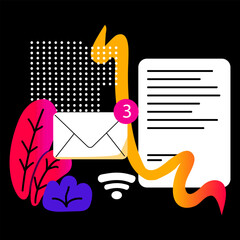 Inbox message, envelope. Abstract  geometric elements. Concept of Social media messages. New letters in the mailbox. WiFi. Vector doodle illustration on black background