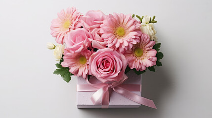 Generative ai illustration of Fresh bouquet of flowers with pink gift box