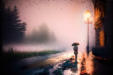 View through a glass window with raindrops on a blurred silhouette of a girl with umbrella walking on autumn rain , night street scene. focus on raindrops - obrazy, fototapety, plakaty