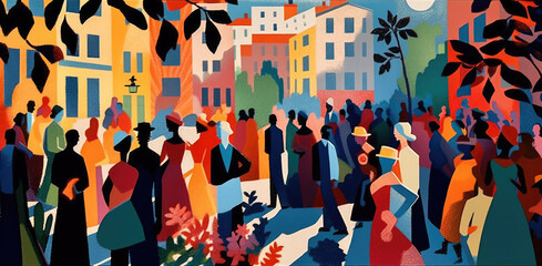 Abstract city crowd of people on the street sunny summer day created with Generative AI