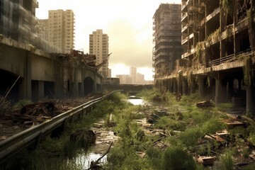 Fototapeta premium An image depicting a deserted city with overgrown vegetation and abandoned buildings, capturing the post-apocalyptic atmosphere. Generative Ai