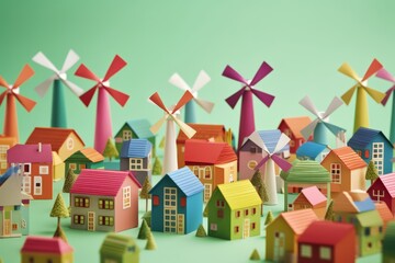 Colorful paper windmills, representing wind energy and promoting sustainable practices. Generative AI