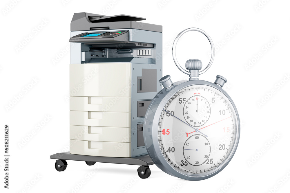 Poster office multifunction printer mfp with stopwatch, 3d rendering
