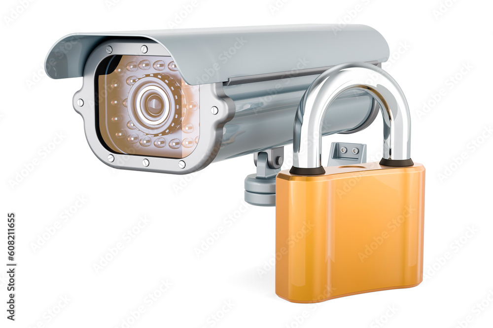Poster security surveillance camera with padlock. 3d rendering
