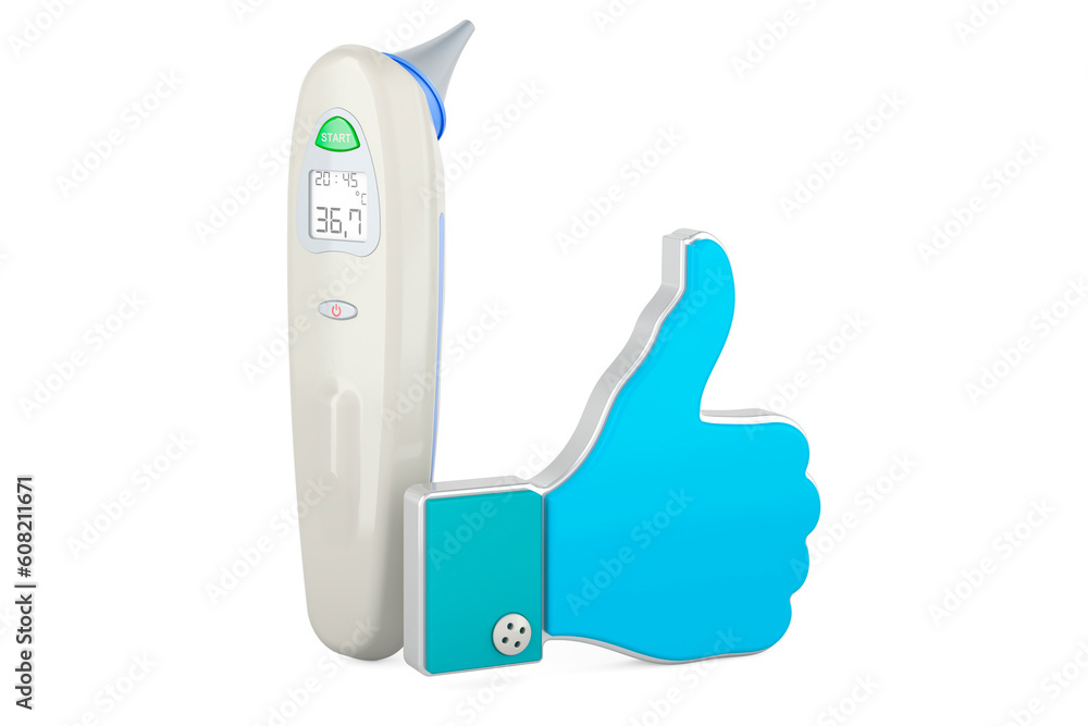 Aufkleber digital forehead and ear thermometer with like icon. 3d rendering