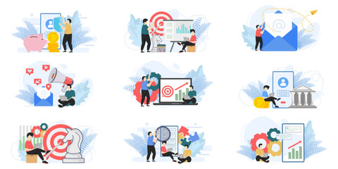 Fototapeta premium Set of web page design templates for business management, Email Marketing. team building, team building web page composition with people characters. Modern vector illustration concepts