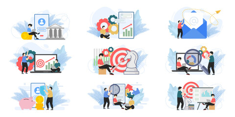Fototapeta premium Set of web page design templates for business management, Email Marketing. team building, team building web page composition with people characters. Modern vector illustration concepts