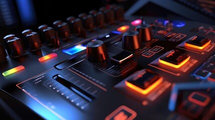 Sound panel for working in the studio and on TV projects. Close-up of the Mixing console. mixing knobs. mix musical tracks on techno party in night club. blurred concept, Generative AI illustration