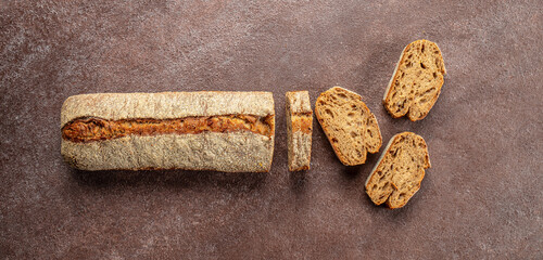 french baguette, concept kitchen or bakery. Long banner format. top view