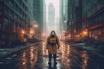 Obraz premium An image showcasing a lone survivor wearing a protective hazmat suit, armed with weapons and navigating through the desolate streets. Generative Ai